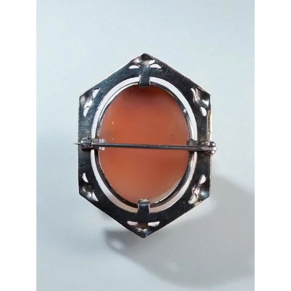 1920s–30s 10k Gold Art Deco Hand-Carved Shell Cameo Brooch in Stamped Hexagonal